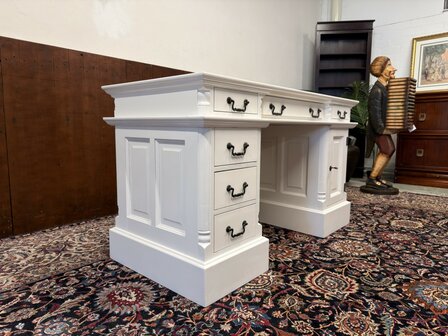 Klassiek-Oud-Antiek-Engels-Antiek-Vintage-Chesterfield-Wit-Bureau-Desk-Partnerdesk-Zwart-Leder