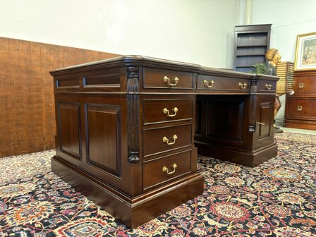 Klassiek-Oud-Antiek-Engels-Antiek-Vintage-Chesterfield-Bureau-Desk-Partnerdesk-Groen-Leder