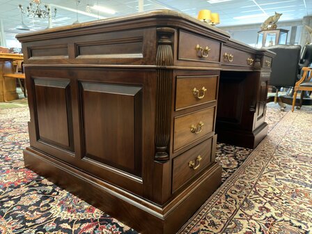 Klassiek-Oud-Antiek-Engels-Antiek-Vintage-Chesterfield-Bureau-Desk-Partnerdesk-Groen-Leder