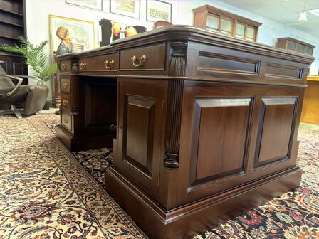 Klassiek-Oud-Antiek-Engels-Antiek-Vintage-Chesterfield-Bureau-Desk-Partnerdesk-Groen-Leder