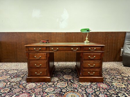 Klassiek-Antiek-Oud-Engels-Chesterfield-Vintage-Origineel-Globe-Wernicke-Bureau-Desk-Mahoniehout-Groen-Leder