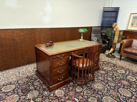 Klassiek-Antiek-Oud-Engels-Chesterfield-Vintage-Origineel-Globe-Wernicke-Bureau-Desk-Mahoniehout-Groen-Leder