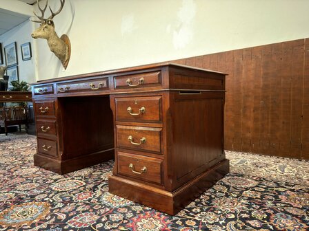 Klassiek-Antiek-Oud-Engels-Chesterfield-Vintage-Origineel-Globe-Wernicke-Bureau-Desk-Mahoniehout-Groen-Leder