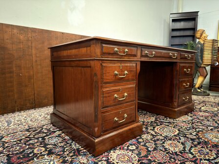 Klassiek-Antiek-Oud-Engels-Chesterfield-Vintage-Origineel-Globe-Wernicke-Bureau-Desk-Mahoniehout-Groen-Leder