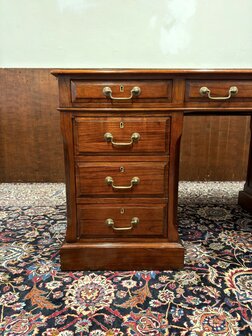 Klassiek-Antiek-Oud-Engels-Chesterfield-Vintage-Origineel-Globe-Wernicke-Bureau-Desk-Mahoniehout-Groen-Leder