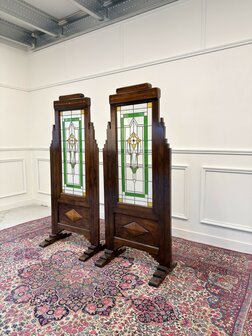 Klassiek-Engels-Oud-Antiek-Vintage-Chesterfield-Mahonie-Kamerscherm-Room-Divider-Glas-In-Lood
