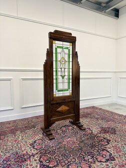 Klassiek-Engels-Oud-Antiek-Vintage-Chesterfield-Mahonie-Kamerscherm-Room-Divider-Glas-In-Lood