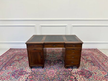 Klassiek-Engels-Oud-Antiek-Vintage-Chesterfield-Mahonie-Bureau-Desk-Zwart-Leder