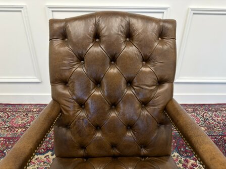 Klassiek-Antiek-Engels-Vintage-Chesterfield-Bureaustoel-President-Chair-Bruin-Leder