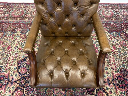 Klassiek-Antiek-Engels-Vintage-Chesterfield-Bureaustoel-President-Chair-Bruin-Leder