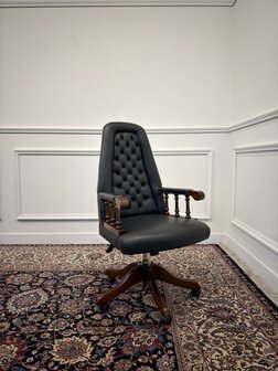 Klassiek-Engels-Antiek-Oud-Chesterfield-Vintage-Bureaustoel-President-Chair-Zwart-Leder