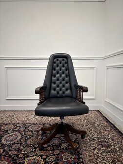 Klassiek-Engels-Antiek-Oud-Chesterfield-Vintage-Bureaustoel-President-Chair-Zwart-Leder