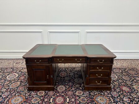 Klassiek-Engels-Antiek-Oud-Chesterfield-Vintage-Bureau-Desk-Partnerdesk-Groen-Leder-Ingelegd