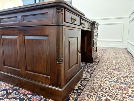 Klassiek-Engels-Antiek-Oud-Chesterfield-Vintage-Bureau-Desk-Partnerdesk-Groen-Leder-Ingelegd