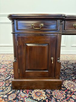 Klassiek-Engels-Antiek-Oud-Chesterfield-Vintage-Bureau-Desk-Partnerdesk-Groen-Leder-Ingelegd