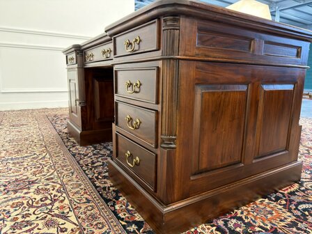 Klassiek-Engels-Antiek-Oud-Chesterfield-Vintage-Bureau-Desk-Partnerdesk-Groen-Leder-Ingelegd