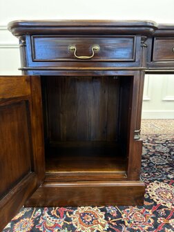 Klassiek-Engels-Antiek-Oud-Chesterfield-Vintage-Bureau-Desk-Partnerdesk-Groen-Leder-Ingelegd