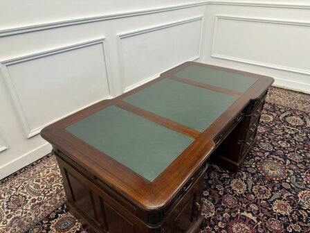 Klassiek-Engels-Antiek-Oud-Chesterfield-Vintage-Bureau-Desk-Partnerdesk-Groen-Leder-Ingelegd