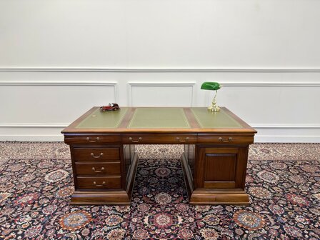 Klassiek-Engels-Antiek-Oud-Chesterfield-Vintage-Bureau-Desk-Partnerdesk-Groen-Leder-Ingelegd