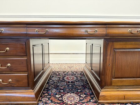 Klassiek-Engels-Antiek-Oud-Chesterfield-Vintage-Bureau-Desk-Partnerdesk-Groen-Leder-Ingelegd