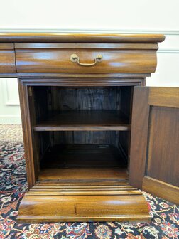 Klassiek-Engels-Antiek-Oud-Chesterfield-Vintage-Bureau-Desk-Partnerdesk-Groen-Leder-Ingelegd