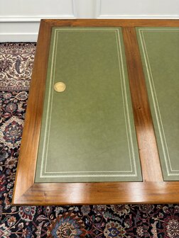 Klassiek-Engels-Antiek-Oud-Chesterfield-Vintage-Bureau-Desk-Partnerdesk-Groen-Leder-Ingelegd