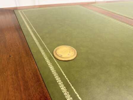 Klassiek-Engels-Antiek-Oud-Chesterfield-Vintage-Bureau-Desk-Partnerdesk-Groen-Leder-Ingelegd