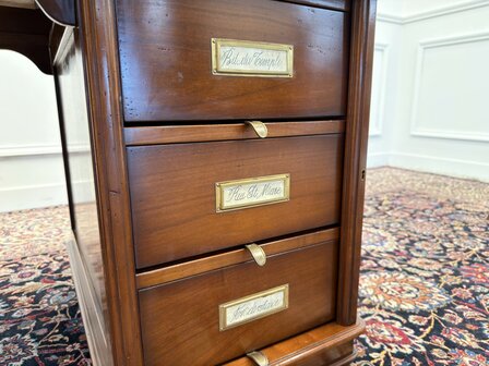 Klassiek-Engels-Antiek-Oud-Chesterfield-Vintage-Italiaans-Assi-D'Asolo-Bureau-Desk-Partnerdesk-Kersenhout-Zwart-Leder-In