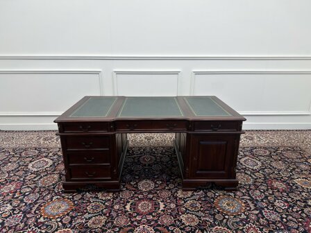 Klassiek-Engels-Antiek-Oud-Vintage-Chesterfield-Bureau-Desk-Partnerdesk-Groen-Leder
