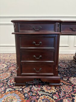 Klassiek-Engels-Antiek-Oud-Vintage-Chesterfield-Bureau-Desk-Partnerdesk-Groen-Leder