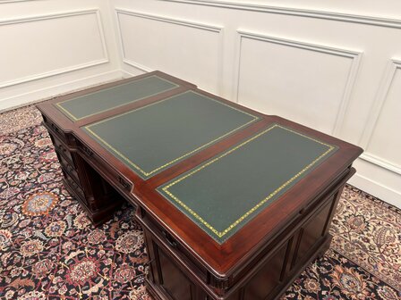 Klassiek-Engels-Antiek-Oud-Vintage-Chesterfield-Bureau-Desk-Partnerdesk-Groen-Leder