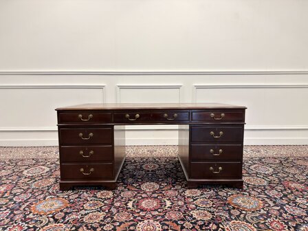Klassiek-Engels-Antiek-Oud-Vintage-Chesterfield-Bureau-Desk-Partnerdesk-Bruin-Leder