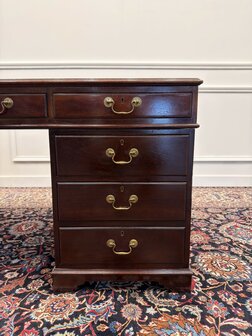 Klassiek-Engels-Antiek-Oud-Vintage-Chesterfield-Bureau-Desk-Partnerdesk-Bruin-Leder