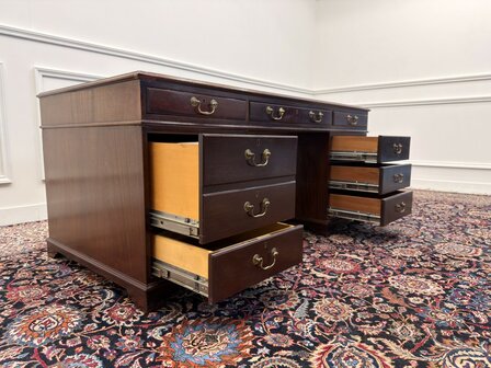 Klassiek-Engels-Antiek-Oud-Vintage-Chesterfield-Bureau-Desk-Partnerdesk-Bruin-Leder