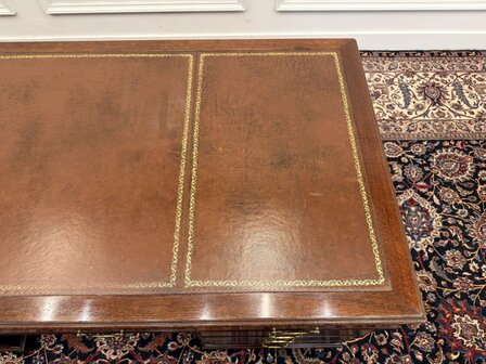 Klassiek-Engels-Antiek-Oud-Vintage-Chesterfield-Bureau-Desk-Partnerdesk-Bruin-Leder