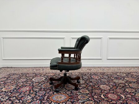 Klassiek-Engels-Antiek-Oud-Vintage-Chesterfield-Bureaustoel-Captain-Chair-Groen-Leder