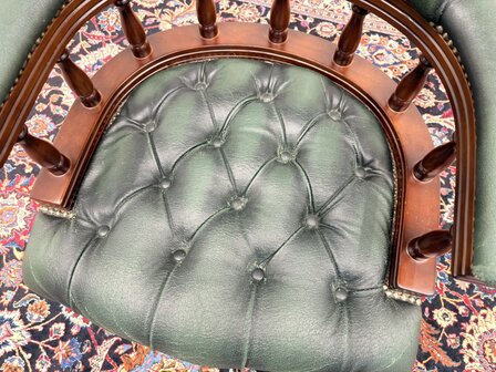 Klassiek-Engels-Antiek-Oud-Vintage-Chesterfield-Bureaustoel-Captain-Chair-Groen-Leder