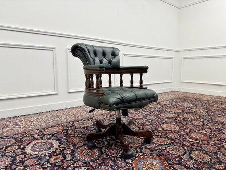Klassiek-Engels-Antiek-Oud-Vintage-Chesterfield-Bureaustoel-Captain-Chair-Groen-Leder