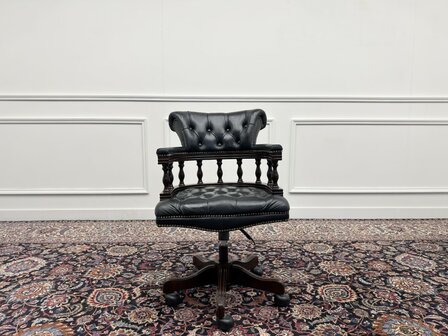 Klassiek-Engels-Antiek-Oud-Vintage-Chesterfield-Bureaustoel-Captain-Chair-Zwart-Leder