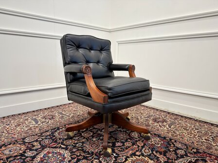 Klassiek-Engels-Vintage-Antiek-Oud-Chesterfield-Bureaustoel-President-Chair-Zwart-Leder