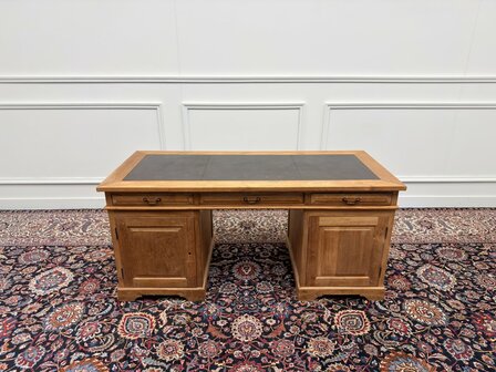 Klassiek-Engels-Antiek-Oud-Vintage-Chesterfield-Teak-Bureau-Desk-Bruin-Leder