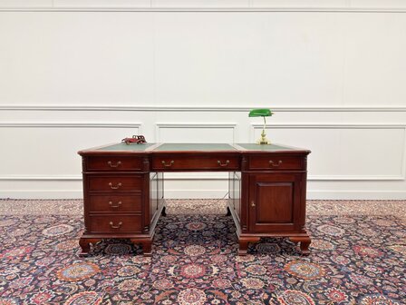 Klassiek-Engels-Antiek-Oud-Vintage-Chesterfield-Bureau-Desk-Partnerdesk-Groen-Leder-Ingelegd