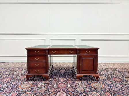 Klassiek-Engels-Antiek-Oud-Vintage-Chesterfield-Bureau-Desk-Partnerdesk-Groen-Leder-Ingelegd