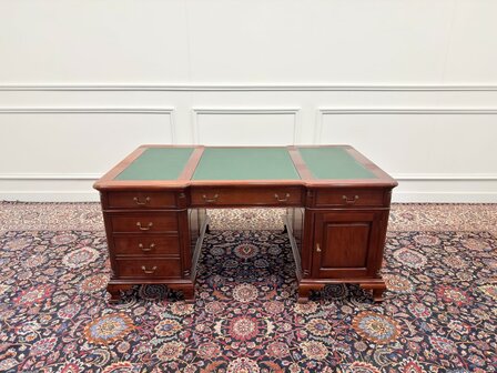 Klassiek-Engels-Antiek-Oud-Vintage-Chesterfield-Bureau-Desk-Partnerdesk-Groen-Leder-Ingelegd