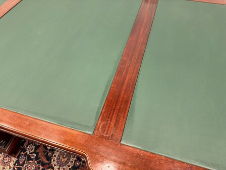 Klassiek-Engels-Antiek-Oud-Vintage-Chesterfield-Bureau-Desk-Partnerdesk-Groen-Leder-Ingelegd
