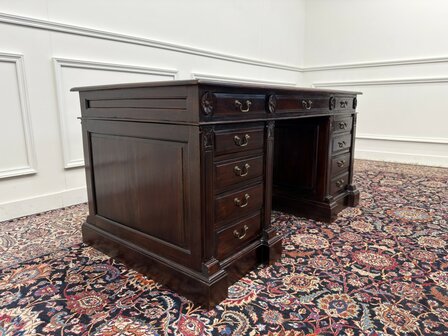 Klassiek-Engels-Antiek-Oud-Vintage-Chesterfield-Bureau-Desk-Groen-Leder-Ingelegd