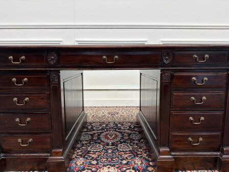 Klassiek-Engels-Antiek-Oud-Vintage-Chesterfield-Bureau-Desk-Groen-Leder-Ingelegd