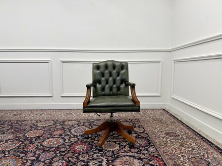 Klassiek-Engels-Antiek-Oud-Vintage-Chesterfield-Groene-Bureaustoel-President-Chair