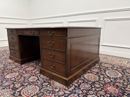 Groot-Klassiek-Engels-Antiek-Oud-Vintage-Chesterfield-Bureau-Desk-Partnerdesk-Groen-Leder-Ingelegd