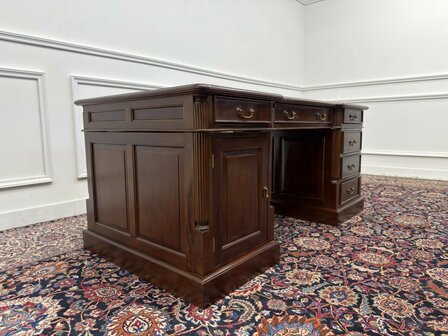 Klassiek-Engels-Oud-Antiek-Chesterfield-Vintage-Bureau-Desk-Partnerdesk-Groen-Leder